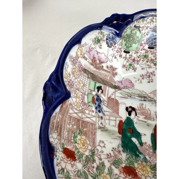 Japanese Antique China Cobalt Trim Geisha Floral Structure 1921-1941 - Picture 5 of 12